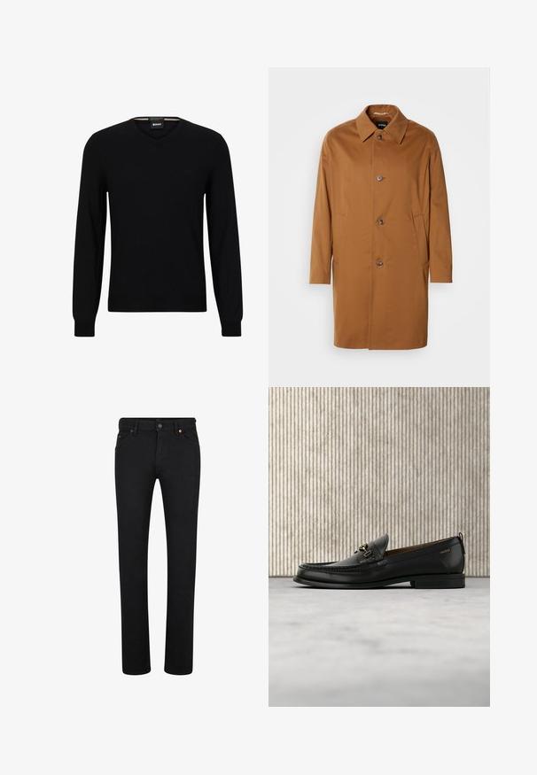 Pruun trench coat kraega, kahe külgtasku ja kolme esimbutiga. Valmistatud siledast kangast, sirge lõikega.; Must mustriv kaelusega must kudum, millel on pikad varrukad. Ees on tähelepanuväärne logo ja soonikkoes mansetid ning helmed. Sile tekstuur.; BOSS Sirgete säärtega teksad - black; Mustast nahast loafer kuldse metallist detaili ja "HUGO" logoga, eksponeeritud beeži vaiba ning pruunide läbipaistvate mööbliesemete taustal.