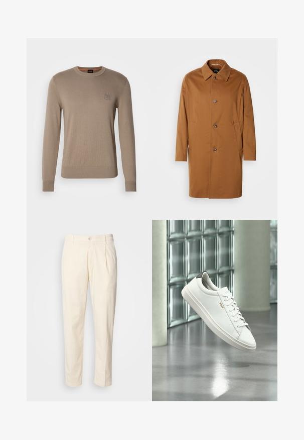 Ruskea trench-takki, jossa on kaulus, kaksi sivutaskua ja kolme etunappia. Valmistettu sileästä kankaasta, jossa on suora leikkaus.; Beige miesten crewneck-paita, jossa on pitkät hihat, ribbaatut hihansuut ja helma, sekä pieni neliön muotoinen logopatch rintapielessä.; Kreemi värvi puuvillased püksid sirge säärega disainiga, esiplekid, nööbi sulgemine ja küljetaskud. Sile tekstuur.; Valkoinen nahkainen matalakorkoinen lenkkari nauhoilla, musta kantakappale ja "BOSS"-logo, leijuu sisätiloissa lähellä lasiseinäpalikkaa ja kiillotettua lattiaa.