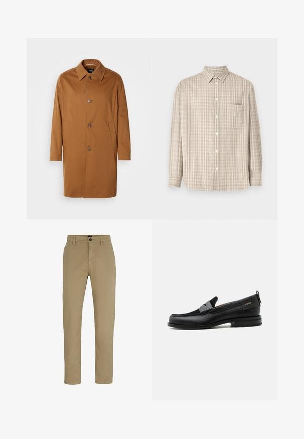 Bruine trenchcoat met een kraag, twee zijzakken en drie knopen aan de voorkant. Gemaakt van een gladde stof, met een rechte snit.; Knoopshirt in lichtbeige, met een geruit patroon, lange mouwen, een borstzak en een normaal kraagontwerp.; Beige katoenen chinos met een slim fit, platte voorkant en een knoopsluiting. Voorzien van ceintuurlussen en zijzakken voor functionaliteit.; Zwarte leren loafer met grijs riemdetailelement, lage hak en gestructureerde zool, aan de zijkant gebrandmerkt met "HUGO" in goud.