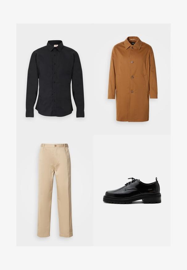 Pruun trench coat kraega, kahe külgtasku ja kolme esimbutiga. Valmistatud siledast kangast, sirge lõikega.; Must pikkade varrukatega särke, millel on krae, nööbitavad mansetid ja vasaku rinnapoolel väike logo, paigutatud lamedale pinnale.; Beige püksid, mis on valmistatud kerge materjali, sirge jala disaini, vöökoha, kus on vööaasad, ning ühe esise nupu kinnitusega.; Mustast poleeritud nahast paeltega jalanõu paksu kummist tallaga ja madala kontsaga, küljes brändi nimi „SAMSOE“ ning taga tõmbenööriga.