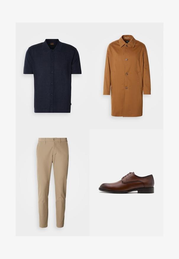 Manteau beige avec un col, deux poches latérales et trois boutons à l'avant. Fabriqué en tissu lisse, présentant un design à coupe droite.; Polo shirt navy à manches courtes fabriqué en tissu tricoté texturé avec des côtes verticales, un col et une fermeture à boutons sur le devant.; Pantalons beiges en tissu lisse avec une coupe droite, dotés d'une fermeture à bouton et de poches avant, accompagnés de passants de ceinture.; Chaussure habillée en cuir marron au design élégant, à bout rond, avec un laçage à cinq œillets et un petit talon empilé. Présente des coutures discrètes.
