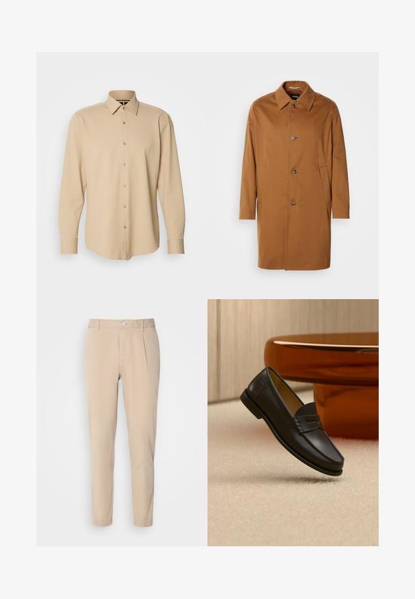 Brauner Trenchcoat mit Kragen, zwei Seitentaschen und drei vorderen Knöpfen. Hergestellt aus glattem Stoff, mit einem geraden Schnitt.; Beige Langarmhemd aus strukturiertem Stoff mit kariertem Muster, mit Knopfleiste und Manschetten, taillierte Passform.; Beige Hosen mit schmaler Passform, aus gewebtem Material. Sie verfügen über einen einzelnen Knopfverschluss, eine gefalte Vorderseite und gerade Beine.; Schwarzer Leder-Loafer, der über einem hellbeigen Teppich schwebt, mit bernsteinfarbenen modernen Möbeln im Hintergrund.