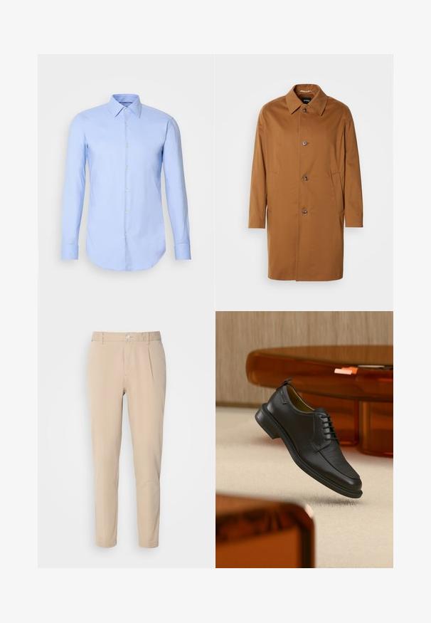 Pruun trench coat kraega, kahe külgtasku ja kolme esimbutiga. Valmistatud siledast kangast, sirge lõikega.; Hele sinine pikkade varrukatega puuvillane särg, mis on varustatud nööbiga esiosa, krae ja ümardatud allääriga. Sile tekstuur ilma mustriteta.; Beezid püksid, millel on kitsas lõige ja mis on valmistatud kudumaterjalist. Omab ühte nupuga sulgemist, volditud esiosad ja sirged säärised.; Mustast nahast pitsidega kleitking tekstureeritud esiosaga, hõljumas beeži vaiba kohal moodsas toas, millel on merevaigutoonilised mööbliesemed.