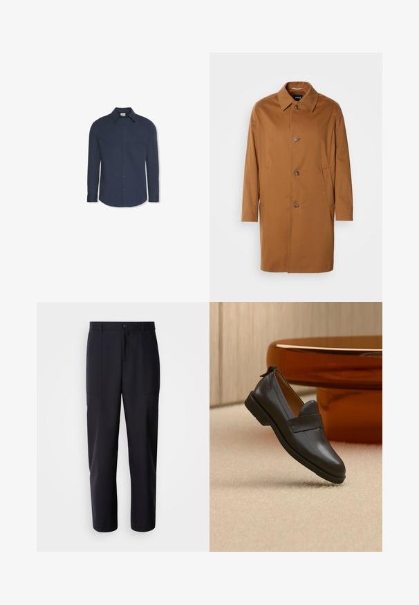 Abrigo trench marrón con cuello, dos bolsillos laterales y tres botones en la parte delantera. Está hecho de una tela suave y presenta un diseño de corte recto.; Camisa azul marino de manga larga con botones, cuello y puños, con una etiqueta de Calvin Klein dentro del cuello.; Pantalones oscuros de navy, confeccionados en un tejido suave, con un diseño de pierna recta, dos bolsillos laterales y un cierre de botón en la cintura.; Mocasín de cuero negro con tacón bajo flotando sobre una alfombra beige, junto a una mesa brillante de color ámbar en una habitación minimalista.