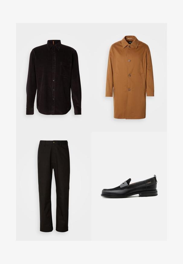 Brun trenchcoat med krave, to sidelommer og tre frontknapper. Fremstillet af glat stof og med et lige snit.; Mørkebrun corduroy skjorte med knaplukning fortil, spids krave, lange ærmer, enkelt brystlomme og struktureret ribbet mønster.; Sorte bomuldsbukser med lige pasform, bæltestropper, lynlås foran og en enkelt knappelukning. Glat tekstur uden synlige mønstre.; Sort læderloafer med grå remdetalje, lav hæl og tekstureret sål, mærket med "HUGO" i guld på siden.