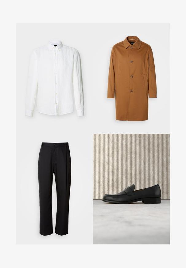 Manteau beige avec un col, deux poches latérales et trois boutons à l'avant. Fabriqué en tissu lisse, présentant un design à coupe droite.; Chemise blanche pour homme à manches longues avec boutons sur le devant, col boutonné et logo brodé discret sur la poitrine.; Pantalon noir à coupe droite, en tissu léger. Il dispose d'une fermeture à bouton sur le devant et de deux poches latérales ; texture lisse.; Mocassin en cuir noir flottant au-dessus d'un tapis beige avec une table ronde brune brillante en arrière-plan.