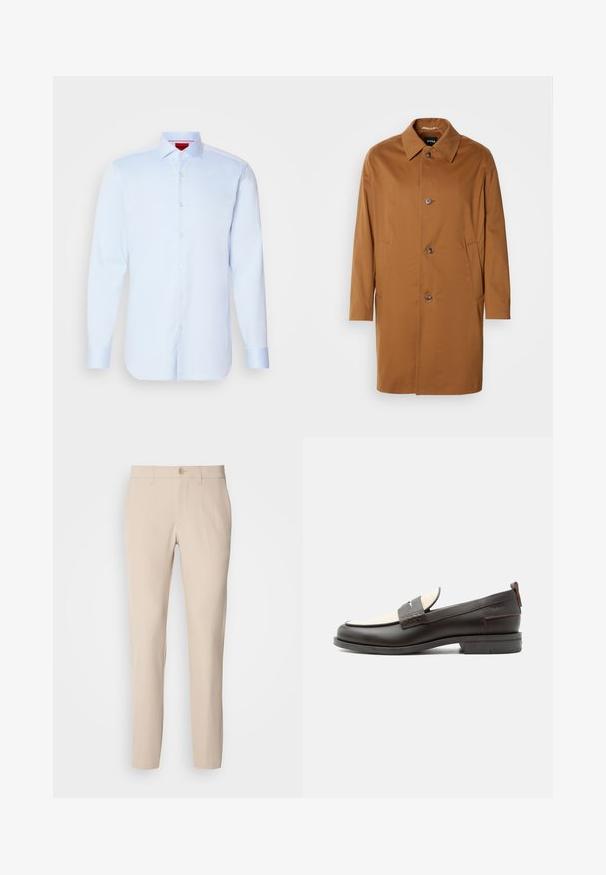 Brauner Trenchcoat mit Kragen, zwei Seitentaschen und drei vorderen Knöpfen. Hergestellt aus glattem Stoff, mit einem geraden Schnitt.; Helleblaue Langarmbluse mit Button-Down-Kragen, abgerundetem Saum und weißen Knöpfen. Glattes Material mit einem subtilen Glanz.; Beige Hose aus weichem Stoff, mit Knopfverschluss, geradem Schnitt und seitlichen Taschen. Glatte Textur mit minimalen Nähdetails.; Dunkelbrauner Herrenschuh aus Leder mit cremefarbenem Stoffpaneel und klassischem, genähtem Riemendetail, flacher Sohle und Zuglasche an der Ferse.