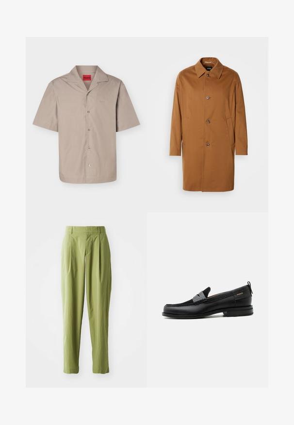 Manteau beige avec un col, deux poches latérales et trois boutons à l'avant. Fabriqué en tissu lisse, présentant un design à coupe droite.; Chemise beige à manches courtes avec boutons et col campagnard, portant une étiquette rouge "HUGO" à l'intérieur du col.; Pantalons vert clair en tissu texturé, présentant une coupe droite, des plis à l'avant et une taille standard.; Mocassin en cuir noir avec détail de bride grise, talon bas et semelle texturée, marqué "HUGO" en or sur le côté.
