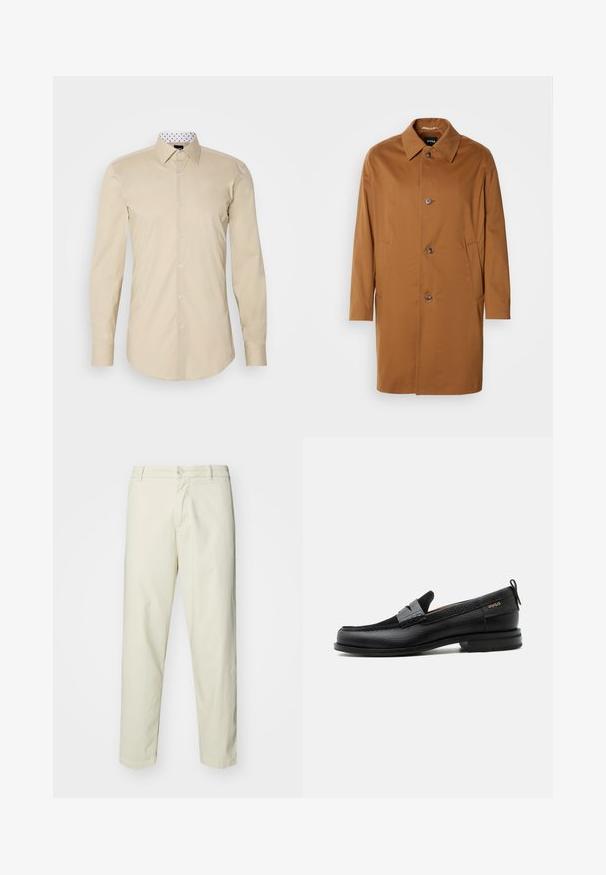 Manteau beige avec un col, deux poches latérales et trois boutons à l'avant. Fabriqué en tissu lisse, présentant un design à coupe droite.; Chemise beige à manches longues en tissu lisse. Présente un col classique et un col intérieur blanc contrastant avec des pois noirs.; Pantalon en coton beige clair avec une coupe droite, dotés d'une fermeture à bouton à l'avant et de poches standard, texture lisse et sans motifs.; Mocassin en cuir noir avec détail de bride grise, talon bas et semelle texturée, marqué "HUGO" en or sur le côté.