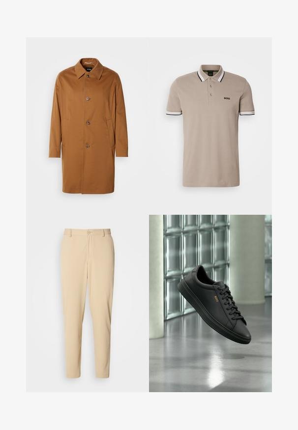 Pruun trench coat kraega, kahe külgtasku ja kolme esimbutiga. Valmistatud siledast kangast, sirge lõikega.; Beige polo särk klassikalise kraega, lühikeste varrukatega ja musta ja valge aktsendiga äärega. Rinna kohal tikitud 'BOSS' logo.; Bežid, текстureeritud püksid kitsas lõikes, ees nuppude sulgemisega, vöökohaga ja küljetaskutega. Sile kangas. ; Mustad madala säärega nahast tennised mustade paelte ja kuldse BOSS logo külgedel, hõljuvad läikiva halli põranda kohal moodsas siseruumis.