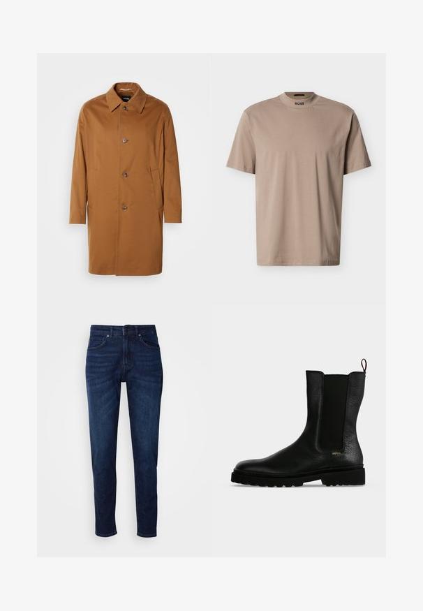 Brauner Trenchcoat mit Kragen, zwei Seitentaschen und drei vorderen Knöpfen. Hergestellt aus glattem Stoff, mit einem geraden Schnitt.; Beiges T-Shirt mit kurzen Ärmeln und hohem Rundhalsausschnitt sowie "BOSS"-Markenaufdruck am Kragen. Hergestellt aus weichem Stoff mit glatter Textur.; Dunkelblaue Jeans aus Denim mit geradem Bein, ausgestattet mit Taschen und einem Knopfverschluss an der Taille. Weiche Textur, minimale Ausbleichungen.; Schwarzer Leder-Stiefelette mit elastischem Seitenteil, grober Sohle und Zuglasche hinten, mit kleinem goldenem "Hugo" Logo nahe der Ferse.