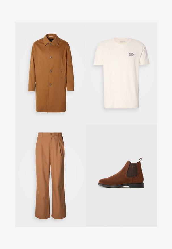Brun trenchcoat med krave, to sidelommer og tre frontknapper. Fremstillet af glat stof og med et lige snit.; Cremefarvet bomulds T-shirt med rund hals, korte ærmer og et lille marineblåt tryk på brystet med teksten "GANT 32 EAST 39TH ST. NEW YORK."; Bukser med vide ben i et varmt brunt stof, med frontknaplukning, diskrete folder og en lige pasform for en afslappet komfort.; Brune ruskinds Chelsea-støvle med elastisk sideskilt, løkke til at trække i bagpå, sort sål og subtil "GANT" logo på sideskilt.
