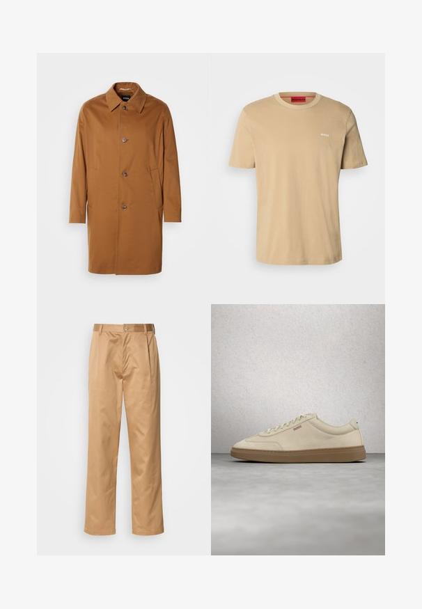 Brauner Trenchcoat mit Kragen, zwei Seitentaschen und drei vorderen Knöpfen. Hergestellt aus glattem Stoff, mit einem geraden Schnitt.; Beige Baumwoll-T-Shirt mit Rundhalsausschnitt, kurzen Ärmeln und einem kleinen weißen "HUGO"-Logo auf der Brust. Glatte Textur ohne Muster.; Khaki-Hosen aus Baumwollmischung, im geraden Schnitt, mit Vorderfalten, Gürtelschlaufen und Knopfverschluss. Glatte Textur ohne Muster.; Hellbeiger Wildledersneaker mit Gummisohle, auffälligen Schnürsenkeln und dezenten Nahtdetails. Sauberes Design mit minimalistischem Ästhetik.
