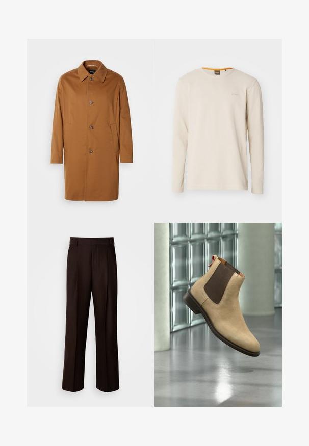Brun trenchcoat med krave, to sidelommer og tre frontknapper. Fremstillet af glat stof og med et lige snit.; Lys beige langærmet t-shirt lavet af struktureret stof. Har en rund hals og et lille logo på brystet med en orange detalje indeni kraven.; Brune skræddersyede bukser med lige ben, featuring en frontfold, glat texture og klassisk talje. Egnet til formelt brug.; Beige ruskind Chelsea-støvle med mørkebrun elastisk sidepanel og trække-flap, vist svævende over reflekterende poleret gulv indendørs.