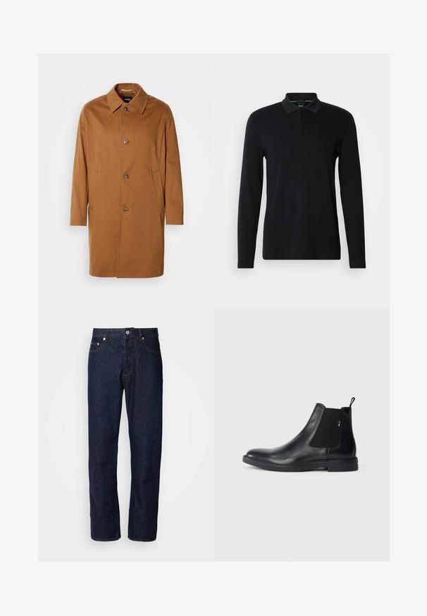 Bruine trenchcoat met een kraag, twee zijzakken en drie knopen aan de voorkant. Gemaakt van een gladde stof, met een rechte snit.; Zwarte langslavige polo shirt van gladde stof. Heeft een kraag, een placket met drie knopen en een subtiele logo op de borst.; Donkerblauwe denim jeans met een rechte pijp, voorzien van vijf zakken, een knoopsluiting en subtiele stikselaccenten.; Zwarte leren Chelsea-boots met elastische zijpanelen, een treklipje en een vlakke rubberen zool. Gladde textuur met minimale details.