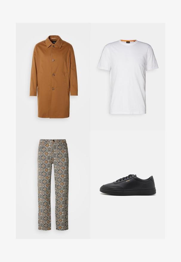 Bruine trenchcoat met een kraag, twee zijzakken en drie knopen aan de voorkant. Gemaakt van een gladde stof, met een rechte snit.; Witte katoenen T-shirt met ronde hals, korte mouwen en een subtiel reliëflogo op de borst. Het binnenlabel heeft een oranje accent.; Bloemmotief broeken in beige, zwart en oranje. Gemaakt van lichtgewicht stof, met een rechte snit en een knoopsluiting.; Zwarte leren sneakers met een gladde textuur, ronde neus, platte rubberen zool en tonale veters. Kenmerkt zich door de gouden "BOSS" branding aan de zijkant.