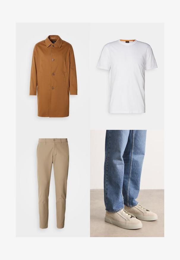 Bruine trenchcoat met een kraag, twee zijzakken en drie knopen aan de voorkant. Gemaakt van een gladde stof, met een rechte snit.; Witte katoenen T-shirt met ronde hals, korte mouwen en een subtiel reliëflogo op de borst. Het binnenlabel heeft een oranje accent.; Beige broek van gladde stof met een rechte snit, voorzien van een knoopsluiting en voorzakken, en inclusief riemlussen.; BOSS GARYTENN_SDHDEL - Sneakers laag - natural ten