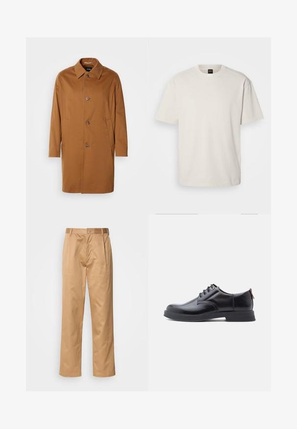 Abrigo trench marrón con cuello, dos bolsillos laterales y tres botones en la parte delantera. Está hecho de una tela suave y presenta un diseño de corte recto.; Camiseta de manga corta y cuello redondo en algodón color blanco roto, con un corte recto y un logo minimalista en el cuello. Textura suave, sin patrones.; Pantalones caqui, mezcla de algodón, diseño de pierna recta, con pliegues delanteros, trabillas para cinturón y cierre de botón. Textura suave sin patrones.; Zapatos de piel negra con cordones, textura lisa, puntera redondeada y detalles sutiles de costura. Cuentan con una lengüeta roja en el talón.