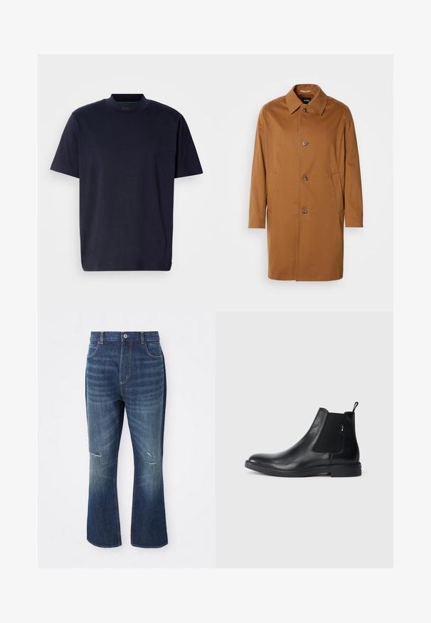 Brauner Trenchcoat mit Kragen, zwei Seitentaschen und drei vorderen Knöpfen. Hergestellt aus glattem Stoff, mit einem geraden Schnitt.; Marineblaues T-Shirt mit hohem Ausschnitt und kurzen Ärmeln. Hergestellt aus weichem Stoff, mit einem schlichten Design ohne Muster oder Verzierungen.; Blaue Jeans im Schlagstil mit leichter Abnutzung an beiden Knien und einem Knopfverschluss an der Taille, vor einem weißen Hintergrund präsentiert.; Schwarze Leder Chelsea-Boots mit elastischen seitlichen Einsätzen, einer Zugschlaufe und einer flachen Gummisohle. Glatte Textur mit minimaler Ausgestaltung.