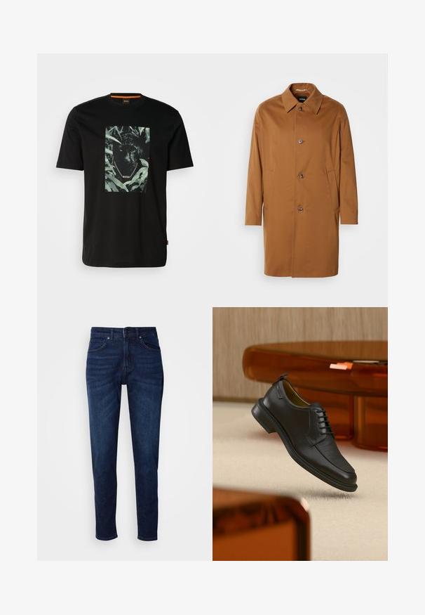 Brauner Trenchcoat mit Kragen, zwei Seitentaschen und drei vorderen Knöpfen. Hergestellt aus glattem Stoff, mit einem geraden Schnitt.; Schwarzes Baumwoll-T-Shirt mit einem zentralen Motiv eines Panthers, umgeben von Blättern, mit einem Kettenkragen und dem Text "BOSS". Kurze Ärmel.; Dunkelblaue Jeans aus Denim mit geradem Bein, ausgestattet mit Taschen und einem Knopfverschluss an der Taille. Weiche Textur, minimale Ausbleichungen.; Schwarzer Leder-Schnürschuh mit texturierter Vorderseite, schwebend über beigem Teppich in einem modernen Raum mit bernsteinfarbenen Möbeln.