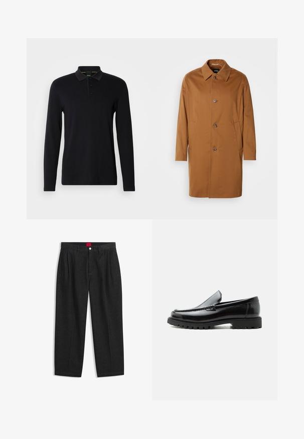 Brauner Trenchcoat mit Kragen, zwei Seitentaschen und drei vorderen Knöpfen. Hergestellt aus glattem Stoff, mit einem geraden Schnitt.; Schwarzes Langarm-Polohemd aus glattem Stoff. Verfügt über einen Kragen, eine Dreiknopfleiste und ein dezentes Logo auf der Brust.; Schwarze Hose mit hoher Taille, vorderen Falten, Gürtelschlaufen, Knopf- und Reißverschluss sowie einem roten Etikett innen am Bund.; Schwarzer Lederloafer mit grober Gummisohle, genähter Oberseite und geprägtem Markennamen an der Ferse, seitlich auf weißem Hintergrund gezeigt.