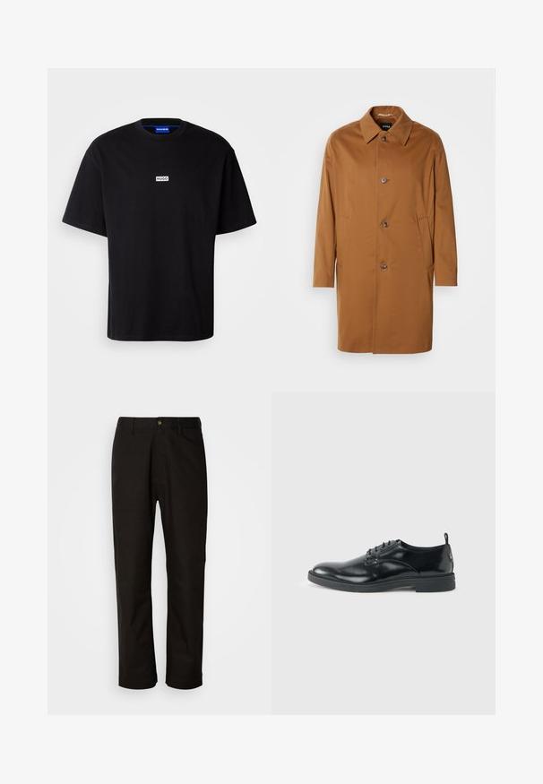 Brauner Trenchcoat mit Kragen, zwei Seitentaschen und drei vorderen Knöpfen. Hergestellt aus glattem Stoff, mit einem geraden Schnitt.; Schwarzes Baumwoll-T-Shirt mit Rundhalsausschnitt, kurzen Ärmeln und einem weißen rechteckigen "HUGO"-Logo auf der Brust. Glatte Textur, lockere Passform.; Schwarze Baumwollhosen mit geradem Schnitt, Gürtelschlaufen, einem Reißverschluss vorne und einem einzelnen Knopfverschluss. Glatte Textur ohne sichtbare Muster.; Glänzender schwarzer Lederschuh mit niedrigem Absatz, Schnürverschluss und runder Kappe, seitlich auf hellem, schlichten Hintergrund gezeigt.