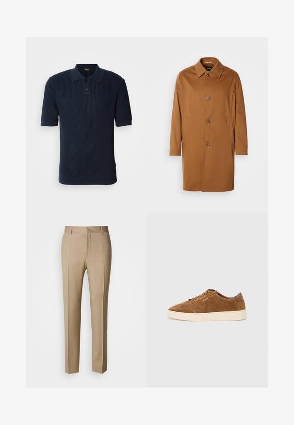 Manteau beige avec un col, deux poches latérales et trois boutons à l'avant. Fabriqué en tissu lisse, présentant un design à coupe droite.; Polo shirt en bleu marine à côtes avec un plastron à deux boutons, des manches courtes et un col plat. Le tissu a une finition texturée et une silhouette ajustée.; Pantalon beige sur mesure en tissu texturé, à front plat et jambes droites. Comprend des poches latérales et des passants pour ceinture, offrant un look élégant.; Baskets en daim marron avec bout rond, semelle en caoutchouc crème et lacets ton sur ton. Présentent un logo en relief sur le côté et un panneau arrière lisse.