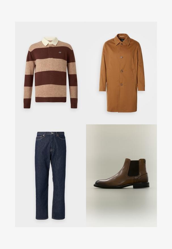 Bruine trenchcoat met een kraag, twee zijzakken en drie knopen aan de voorkant. Gemaakt van een gladde stof, met een rechte snit.; Rugbyshirt met lange mouwen, voorzien van brede horizontale bruine en beige strepen en een crèmekleurige kraag, met een klein geborduurd logo op de borst.; Donkerblauwe denim jeans met een rechte pijpdesign. Beschikt over een knoop- en ritssluiting, vijf zakken en contrasterende stikdetails.; Bruine leren Chelsea-laars met zwart elastisch zijpaneel en lage zwarte zool op een effen neutrale achtergrond.
