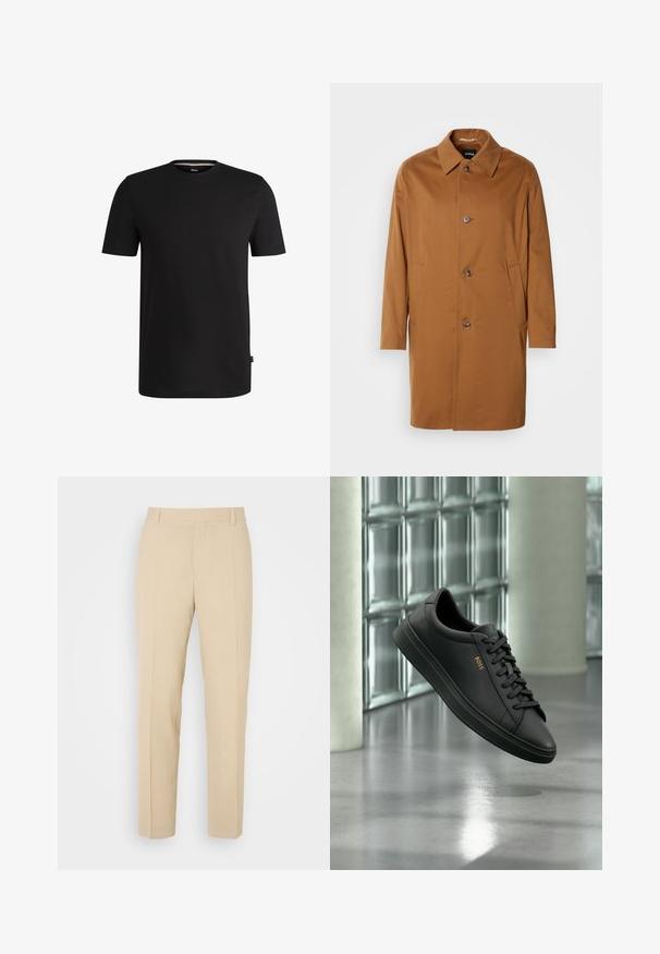 Bruine trenchcoat met een kraag, twee zijzakken en drie knopen aan de voorkant. Gemaakt van een gladde stof, met een rechte snit.; Zwarte short-sleeve t-shirt gemaakt van soepel katoen met een ronde halslijn. Heeft een subtiele merklabel aan de linkerkant nabij de zoom.; Beige op maat gemaakte broek met een recht gesneden ontwerp, gemaakt van lichtgewicht stof, met twee voorzakken en nette, geplooide vouwen.; Zwarte lage leren sneaker met zwarte veters en gouden BOSS-logo aan de zijkant, zwevend boven glanzende grijze vloer in een moderne binnenruimte.