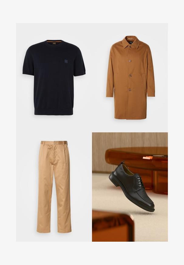 Ruskea trench-takki, jossa on kaulus, kaksi sivutaskua ja kolme etunappia. Valmistettu sileästä kankaasta, jossa on suora leikkaus.; Navy blue lyhythihainen neulepaita, jossa on pyöreä pääntie, ribbaudet hihansuissa ja helmassa. Rinnassa pieni kohokuvioitu logotarra.; Khaki-housut, puuvillasekoitetta, suora lahjesuunnittelu, etuplyysit, vyölenkit ja nappikiinnitys. Sileä pinta ilman kuvioita.; Musta nahkainen nauhakiinnitteinen juhlakenkä, jossa on teksturoitu etuosa, leijuu beigen maton yläpuolella modernissa huoneessa, jossa on meripihkan sävyisiä huonekaluja.