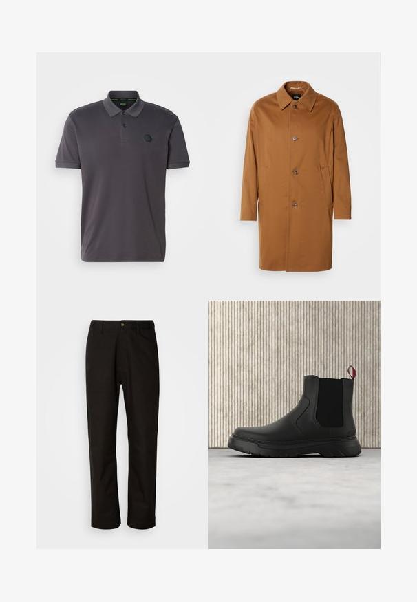 Pruun trench coat kraega, kahe külgtasku ja kolme esimbutiga. Valmistatud siledast kangast, sirge lõikega.; Tumehall polo särk kaeluse ja lühikeste varrukatega, millel on kaks nööpi ja tekstuuriga kuusnurkne logo rinna peal. Sile kanga tekstuur.; Mustad puuvillased püksid sirge lõikega, vöökohaga, esi tõmblukuga ja ühe nupuga sulgemisega. Sile tekstuur, ilma nähtavate mustriteta.; Mustad musta värvi ankle boot, millel on sile viimistlus, elastsed külgpaneelid ja kontrastne punane tõmbetaba. Saapadel on paks kummist tald ja ümar varvas.
