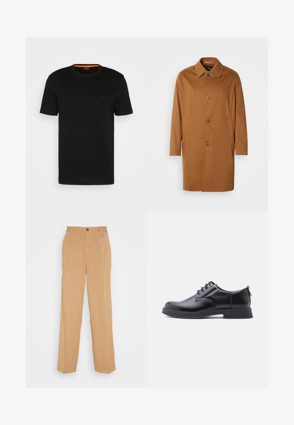 Brauner Trenchcoat mit Kragen, zwei Seitentaschen und drei vorderen Knöpfen. Hergestellt aus glattem Stoff, mit einem geraden Schnitt.; Schwarzes, kurzärmeliges T-Shirt aus weichem Stoff, mit rundem Ausschnitt und einem dezenten Logo auf der Vorderseite. Der Innensaum hat einen orangefarbenen Akzent.; Beige weite Hose aus weichem Stoff, mit zwei frontalen Taschen, einem Knopfverschluss und Bügelfalten entlang der Beine.; Schwarze Leder-Schnürschuhe mit glatter Textur, rundem Zehenbereich und dezenten Ziernähten. Mit einem roten Laschenband an der Ferse.