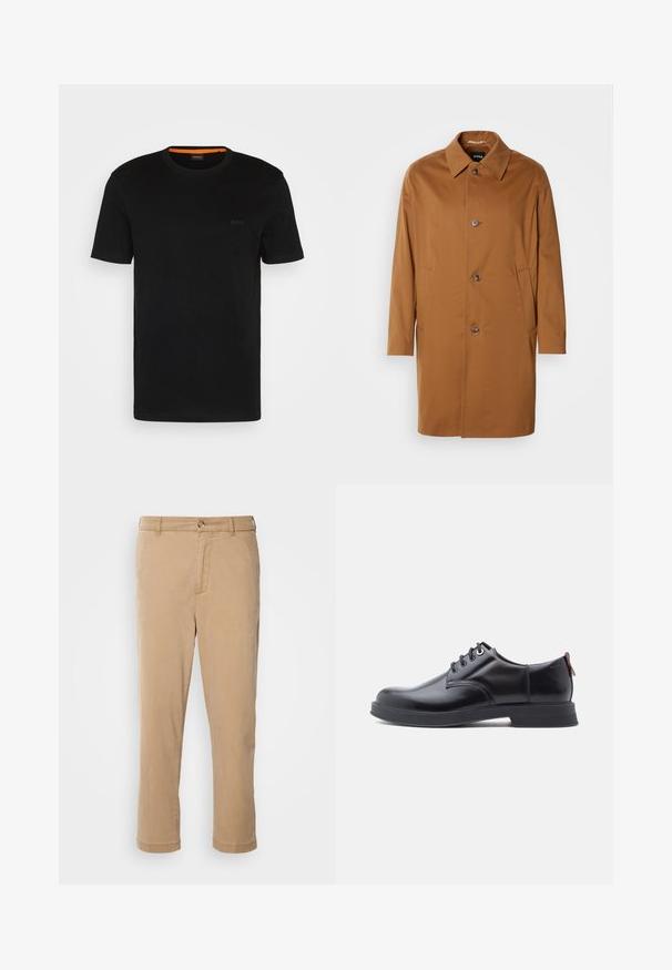 Brun trenchcoat med krave, to sidelommer og tre frontknapper. Fremstillet af glat stof og med et lige snit.; Sort kortærmet t-shirt lavet af blødt stof, med rund halsudskæring og et diskret logo på fronten. Indvendigt i kraven er der orange detaljer.; Beige bomuldsbukser med lige ben, der har lynlåslukning og knaplukning fortil, manchetter og to sidelommer.; Sorte snørestøvler i læder med glat tekstur, rundet tå og diskrete syningsdetaljer. Har en rød trækflig på hælen.