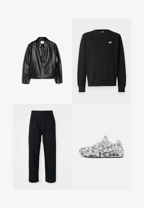 Schwarze Lederjacke mit Kragen, Frontreißverschluss und zwei vertikalen Seitentaschen, flach auf weißem Hintergrund liegend.; Schwarzer Sweatshirt aus Baumwolle mit rundem Ausschnitt, langen Ärmeln und einem kleinen weißen Nike-Logo auf der oberen linken Brust.; Schwarze Jeans mit geradem Schnitt. Verfügt über ein klassisches Fünf-Taschen-Design, Knopfverschluss und subtile Stofftextur.; Weiße Sneaker mit schwarzen Grafikmustern, die Blumen, Insekten und abstrakte Designs zeigen. Runde Zehenpartie und weiße Schnürsenkel, Gummisohle.