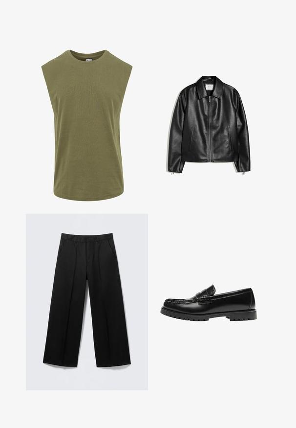Veste en cuir noire avec col, fermeture éclair à l’avant et deux poches latérales verticales, posée à plat sur un fond blanc.; T-shirt sans manches de couleur olive, fabriqué en coton doux, avec un col rond et une coupe décontractée et ample, dotée d'une texture lisse et uniforme.; Pantalon large noir avec passants pour ceinture, poches avant et fermeture éclair, présenté sur un fond gris clair.; Mocassin en cuir noir avec une semelle en caoutchouc épaisse et un détail classique de bride à monnaie, vu de côté extérieur.