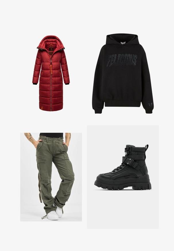 Rode gewatteerde jas met een capuchon, voorzien van een volledige rits, elastische manchetten, twee zijzakken en een accentkoord. Getextureerd materiaal met een gladde afwerking.; Zwarte hoodie met "FELICIOUS" van rhinestones over de voorkant. Ribgebreide manchetten en zoom, met een decoratief vlinderontwerp op de mouw.; Olijfgroene cargobroek met meerdere zakken, een taille met trekkoord en een relaxte pasvorm. De stof heeft een zachte textuur en een stevige, duurzame uitstraling.; Zwarte enkellaarsjes met een gestructureerde bovenkant, dikke zool, vetersluiting aan de voorkant en een verstelbare band met logo-details. Rubberen buitenzool met uitgesproken profiel.