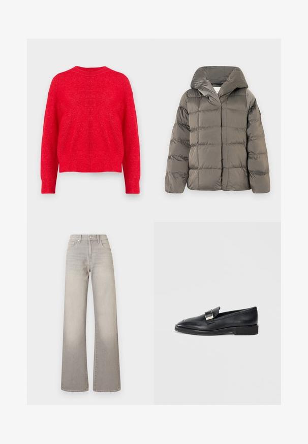 Veste de doudoune grise matelassée avec grande capuche et fermeture à pression à l'avant, présentée sur un fond blanc uni.; Pull en tricot rouge avec un col rond, des épaules tombantes et des poignets et un ourlet côtelés. Texture douce avec une coupe légèrement ample.; Jean large gris avec une finition délavée, fermeture à bouton, design à cinq poches et coutures conçues le long des coutures.; Mocassin en cuir noir avec une boucle rectangulaire en argent sur le dessus et un petit talon, sur fond blanc.