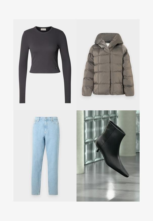 Grå quilted pufferjakke med stor hætte og frontlukning med trykknapper, præsenteret mod en simpel hvid baggrund.; Langærmet, cropped top i mørkegrå ribbet stof med en rund halsudskæring og et lille logo patch nederst. Glat tekstur, tætsiddende design.; Lyseblå denimjeans med lige ben, femlommers design og knaplukning. Har subtilt slid og en glat tekstur.; Sort læderankelstøvle med spids tå og lav kitten-hæ, vist vinklet mod en poleret gulv- og glasblokvæg.