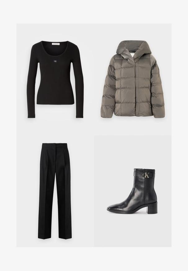 Grå quilted pufferjakke med stor hætte og frontlukning med trykknapper, præsenteret mod en simpel hvid baggrund.; Sort langærmet ribbet top med rund halsudskæring, der har et lille, kvadratisk Calvin Klein-logo som accent på brystet. Blød tekstur.; Sorte trousers lavet af vævet stof, med et skræddersyet design med plisseringer, lige ben og flad front. Holdbar og glat tekstur.; Sort læder ankelstøvle med spids tå, blokhæl og en rem med en metallisk logo detalje. Glat tekstur og minimalistisk design.