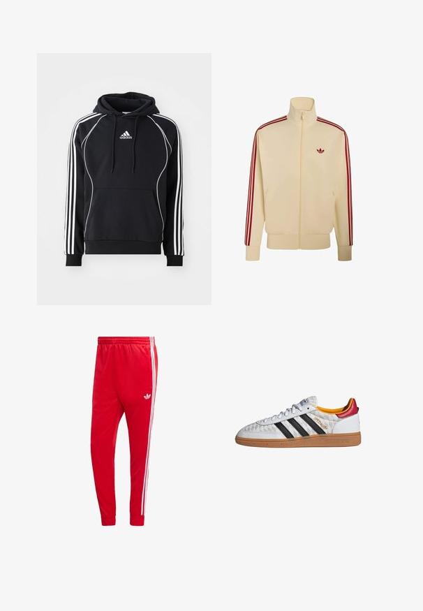 Beige Reißverschlussjacke mit hohem Kragen, roten Streifen entlang der Ärmel und kleinem roten Adidas-Logo auf der linken Brust.; Schwarzer Adidas-Hoodie mit weißen Streifen an den Ärmeln, weißen Paspeln auf der Vorderseite, vorderer Kängurutasche und kapuze mit Kordelzug.; Rote Adidas Trainingshose mit weißen Seitenstreifen und elastischem Bund, mit dem Adidas Trefoil-Logo am rechten Oberschenkel.; Weißer Adidas Spezial Sneaker mit schwarzen Streifen, Gummisohle, gestepptem Muster, rotem Fersenlaschen und gelber Innenausstattung, Seitenansicht.