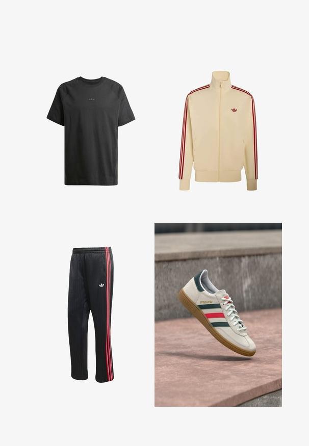 Chaqueta beige con cremallera, cuello alto, franjas rojas en las mangas y pequeño logo rojo de Adidas en el pecho izquierdo.; Camiseta de algodón negra con mangas raglán cortas, que presenta un sutil logo en relieve en el pecho y una textura suave en todo su diseño.; Pantalones deportivos negros con textura acanalada vertical, con franjas laterales en rojo y blanco y un pequeño logotipo blanco en la pierna izquierda.; Zapatilla blanca Adidas con franjas verdes y rojas, suela de goma y marca "SPEZIAL" flotando sobre pavimento de piedra.