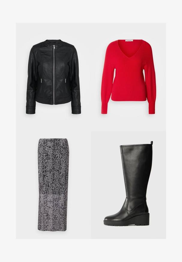 Chaqueta de cuero negra con cierre frontal, dos bolsillos delanteros con cremalleras, acentos texturizados en los hombros y puños de manga acanalados.; Morgan Jersey de punto - coquelicot; Falda maxi de estampado de leopardo en negro y gris, con una silueta recta y fabricada en tela ligera con textura semitranslúcida.; Botín negro de cuero hasta la rodilla con suela de cuña, textura suave, diseño sin costuras y una pequeña pestaña en la parte superior para facilitar su uso.