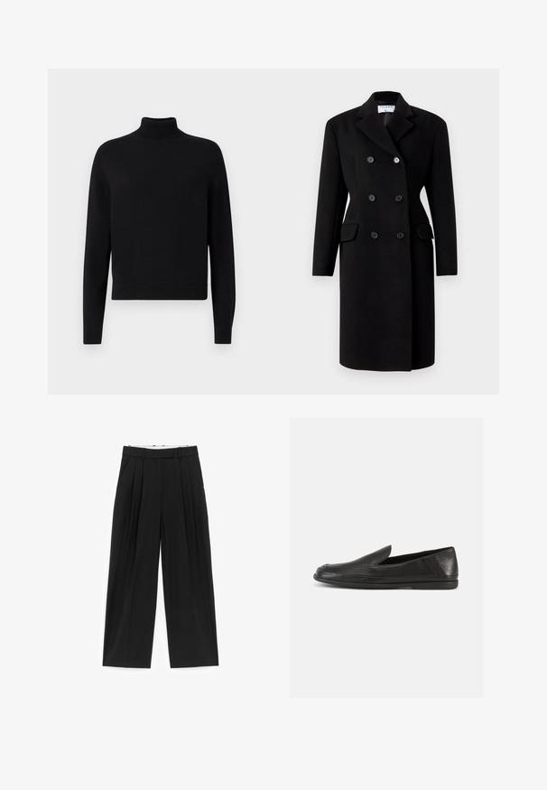 Manteau noir croisé à col structuré, avec deux poches avant et des fermetures à boutons. Fabriqué en tissu mélangé de laine.; Pull en col roulé noir avec des manches longues, des poignets côtelés et un ourlet ajusté. Texture douce, design simple et couleur unie sans motifs.; Pantalon noir à jambes larges avec plis sur le devant, passants pour ceinture et poches latérales, conçu pour une coupe ajustée.; Chaussures en cuir noir à enfiler, avec une finition lisse, un bout arrondi et un design minimaliste. Elles possèdent une semelle basse en caoutchouc flexible.