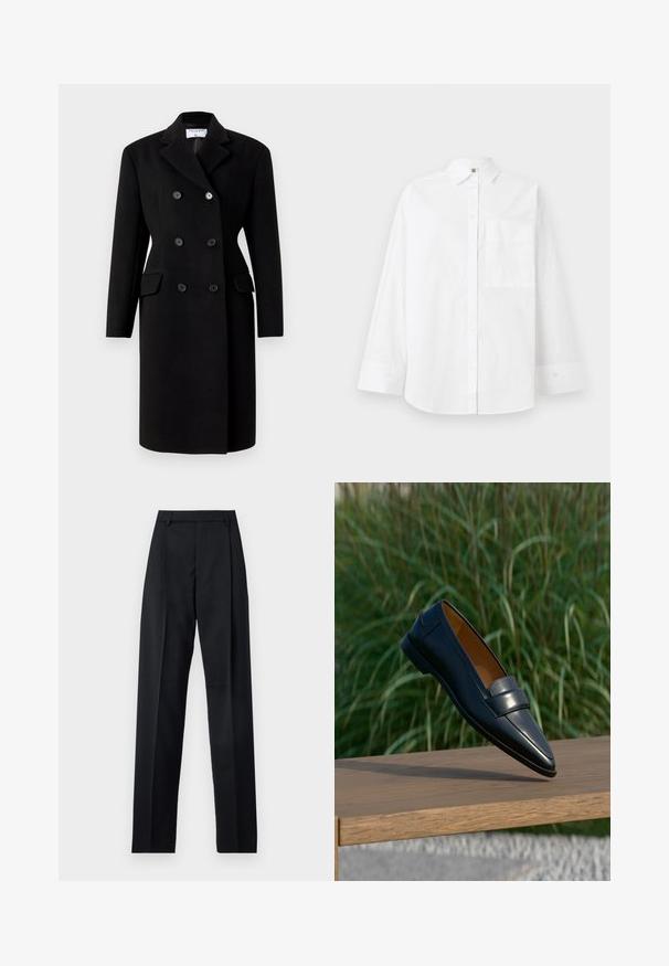 Manteau noir croisé à col structuré, avec deux poches avant et des fermetures à boutons. Fabriqué en tissu mélangé de laine.; Chemise blanche à boutons en coton. Caractéristiques : manches longues, col, et une poche poitrine. Texture lisse, design classique.; Pantalon noir en tissu lisse avec taille haute, jambes larges, plis à l'avant et passants de ceinture classiques. Pas de poches latérales visibles.; Mocassin en cuir noir pour homme avec détail de bride, en équilibre sur le bord d’un banc en bois sur un fond flou d’herbe verte.