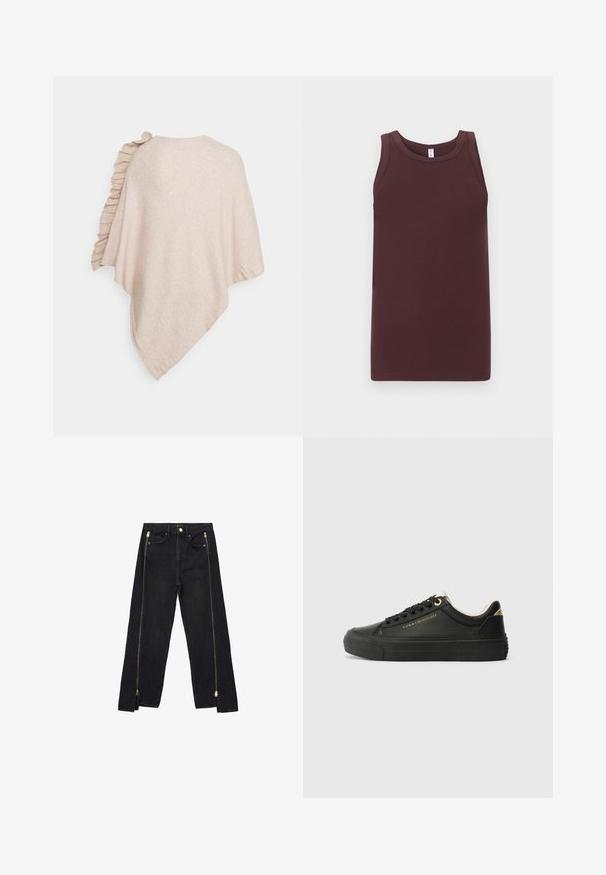 Beige poncho med et blødt, tekstureret stof. Har en flæse-detalje på den ene skulder og en draperet, asymmetrisk kant.; Ærmeløs ribbet tanktop i mørkebrun med rund halsudskæring, lagt fladt mod en lysegrå baggrund.; Sorte denimjeans med lige ben-design, der har guld lynlåse langs siderne og almindelige lommer ved taljen.; Sorte lædersneakers med en glat overflade, prydet med guld detaljer og runde tå. Tykt sort gummisål og matchende snørebånd.