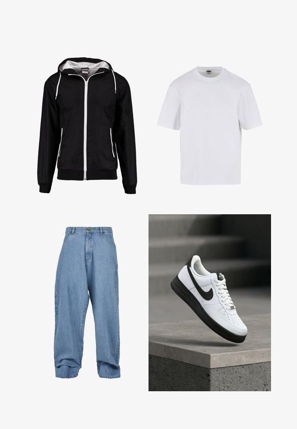 Schwarze Windjacke mit Kapuze, weißem Reißverschluss und seitlichen Taschen. Aus leichtem Material mit gerippten Bündchen und Saum.; Weißes T-Shirt mit kurzen Ärmeln aus Baumwolle. Besitzt einen Rundhalsausschnitt und eine lockere Passform. Glatte Textur, minimalistisches Design, ohne Muster oder Akzente.; Hellblaue Jeanshosen mit lockerem Schnitt, Knopfverschluss, frontalen Taschen und umgeschlagenem Saum, ausgestattet mit einem klassischen Fünf-Taschen-Design.; Weißer Ledersneaker mit schwarzen Akzenten, abgerundetem Zehenbereich und perforierten Details. Schwarze Gummisohle mit strukturiertem Muster und Schnürverschluss.