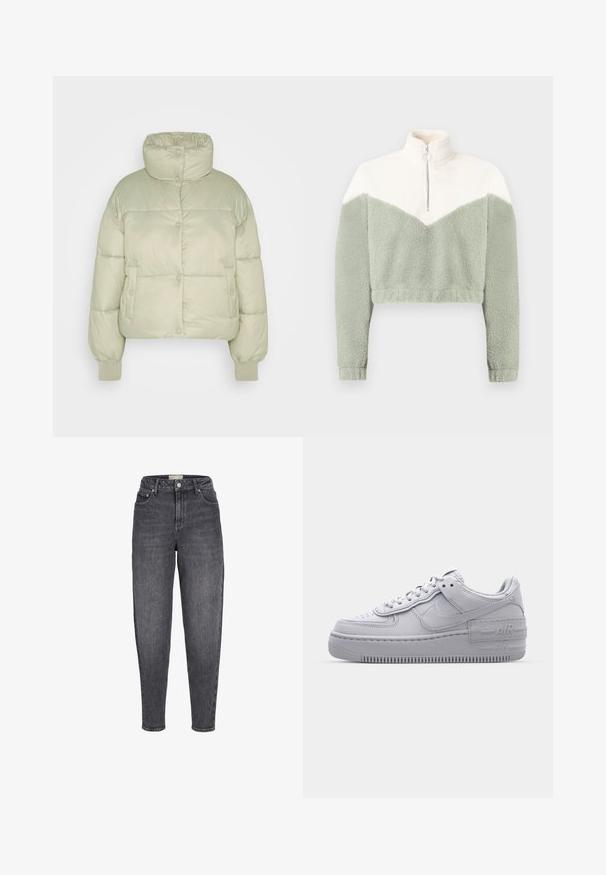 American Eagle CROPPED PUFFER - Winterjas - faded olive; Cropped fleecejack met een halve ritssluiting en kraag in crème en lichtgroene kleuren, voorzien van een chevronpatroon en gemaakt van zachte, gestructureerde stof.; Zwart gewassen jeans met hoge taille, taps toelopend, voorzien van voorzakken, ceintuurlussen en een knoopsluiting.; Grijze Nike Air Force 1 sneaker met geperforeerde neus, glad leren bovenwerk, dikke zool en verhoogde 'AIR' details op de hiel.