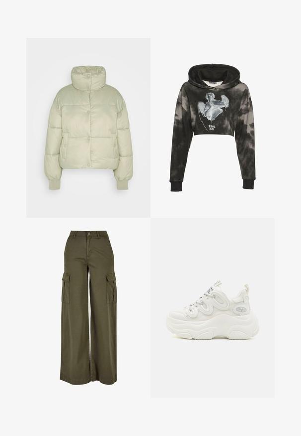 American Eagle CROPPED PUFFER - Zimná bunda - faded olive; Zastrihnutá mikina s kapucňou v čiernom tie-dye, s grafickou potlačou anjela a textom "Thug Life" na prednej strane. Mäkká bavlnená zmes.; Olívovo zelené široké nohavice typu cargo s dvoma bočnými vreckami, vyrobené z mäkkej a odolnej látky. Majú precízne šitie a zapínanie na gombík.; Biele chunky tenisky s vrchnou časťou z sieťoviny a syntetického materiálu, zakrivený tvar, textúrovaná podrážka a výrazný systém šnurovania s logom.