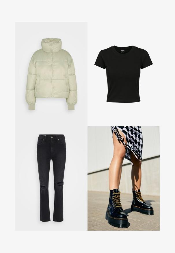 American Eagle CROPPED PUFFER - Winterjacke - faded olive; Schwarzes Kurzarm-T-Shirt aus glattem Baumwollmaterial mit rundem Halsausschnitt und taillierter Form. Keine sichtbaren Muster oder Akzente.; GAP CHEEKY RIVERA ZIP - Jeans Straight Leg - worn black; Schwarze Leder-Plateau-Stiefel mit klobigen Sohlen, goldenen Schnürsenkeln und orangefarbenen Nähten, kombiniert mit einem karierten Rock, der einen seitlichen Schlitz zeigt.