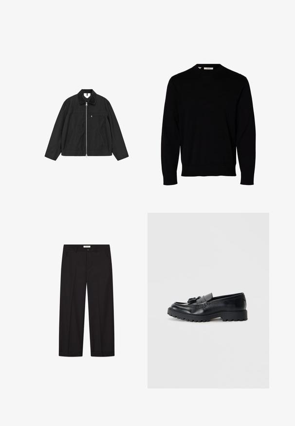 Veste noire à fermeture éclair avec un col en velours côtelé, des poches latérales et une poche poitrine, présentant une texture lisse et une coupe décontractée.; Pull noir uni à manches longues avec col rond, poignets et ourlet côtelés, présenté sur fond blanc.; Pantalons larges noirs en tissu lisse. Comprend une fermeture avec bouton et zip, deux poches avant et une finition ourlée nette.; Mocassins en cuir noir avec une finition brillante, semelle en caoutchouc épaisse et détail de frange décoratif à l'avant.